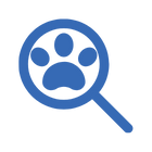 blue icon of a paw print inside a magnifying glass