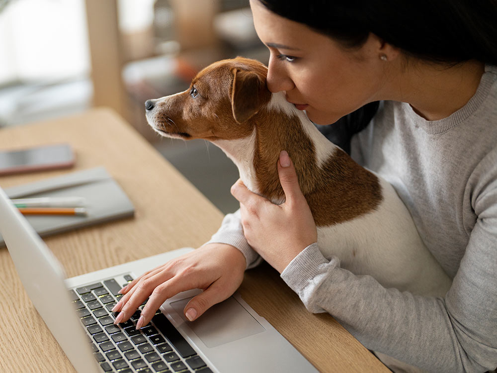 woman holding her puppy close while using laptop computer
